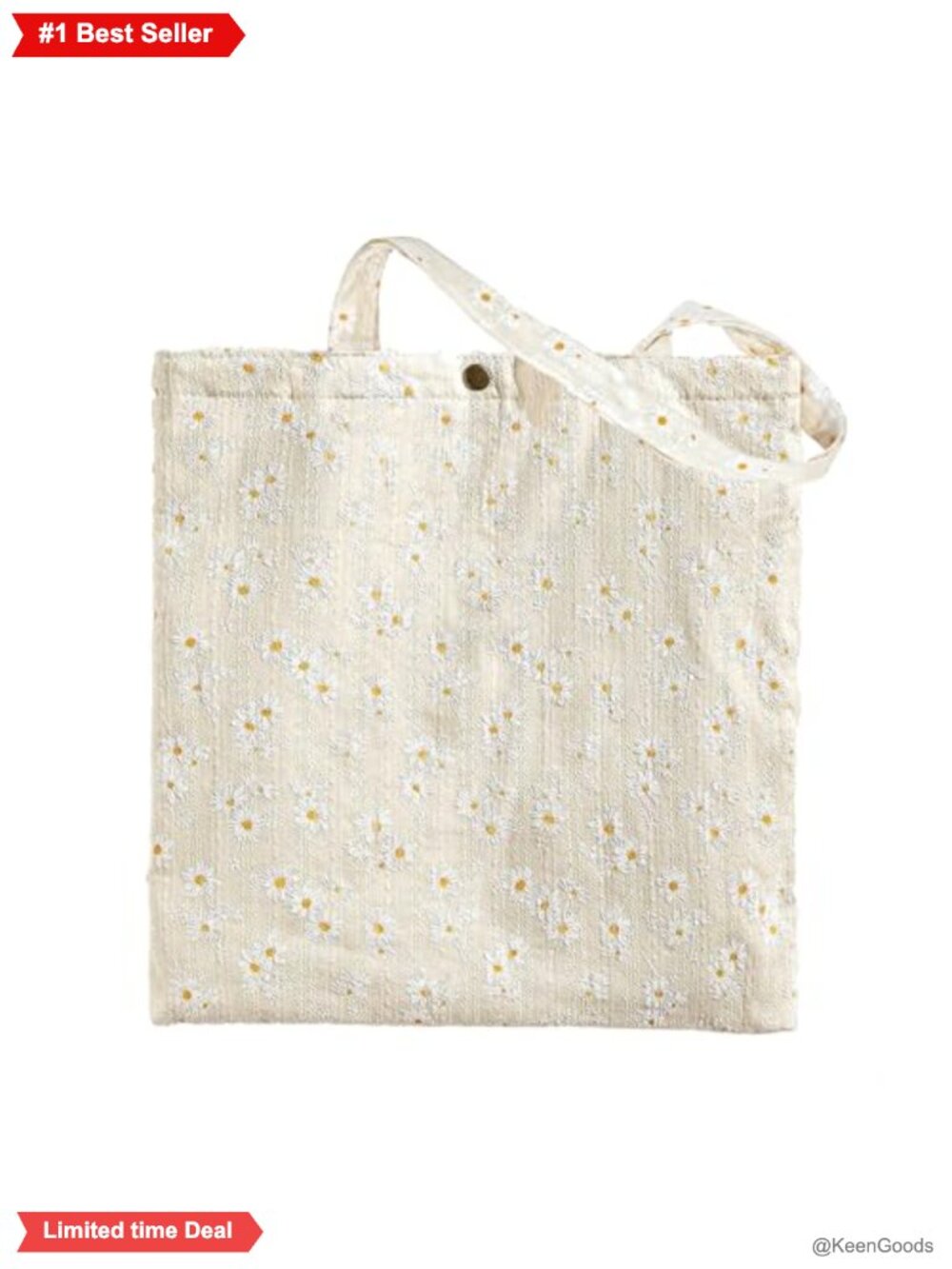 Floral Embroidered Canvas Tote Bag with Inner Pocket & Snap Closure